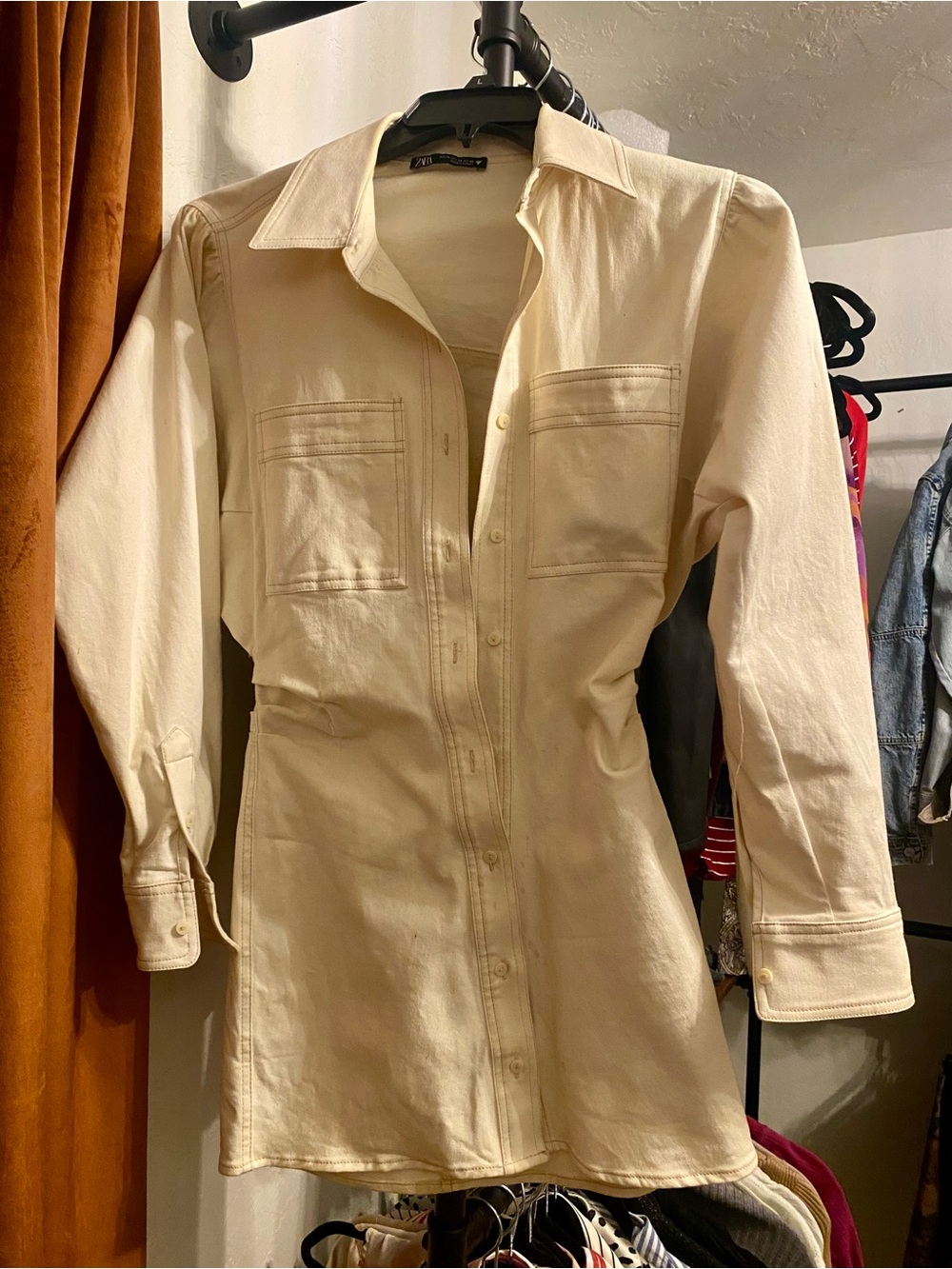 Zara Cream Button-Down Casual Shirt Dress